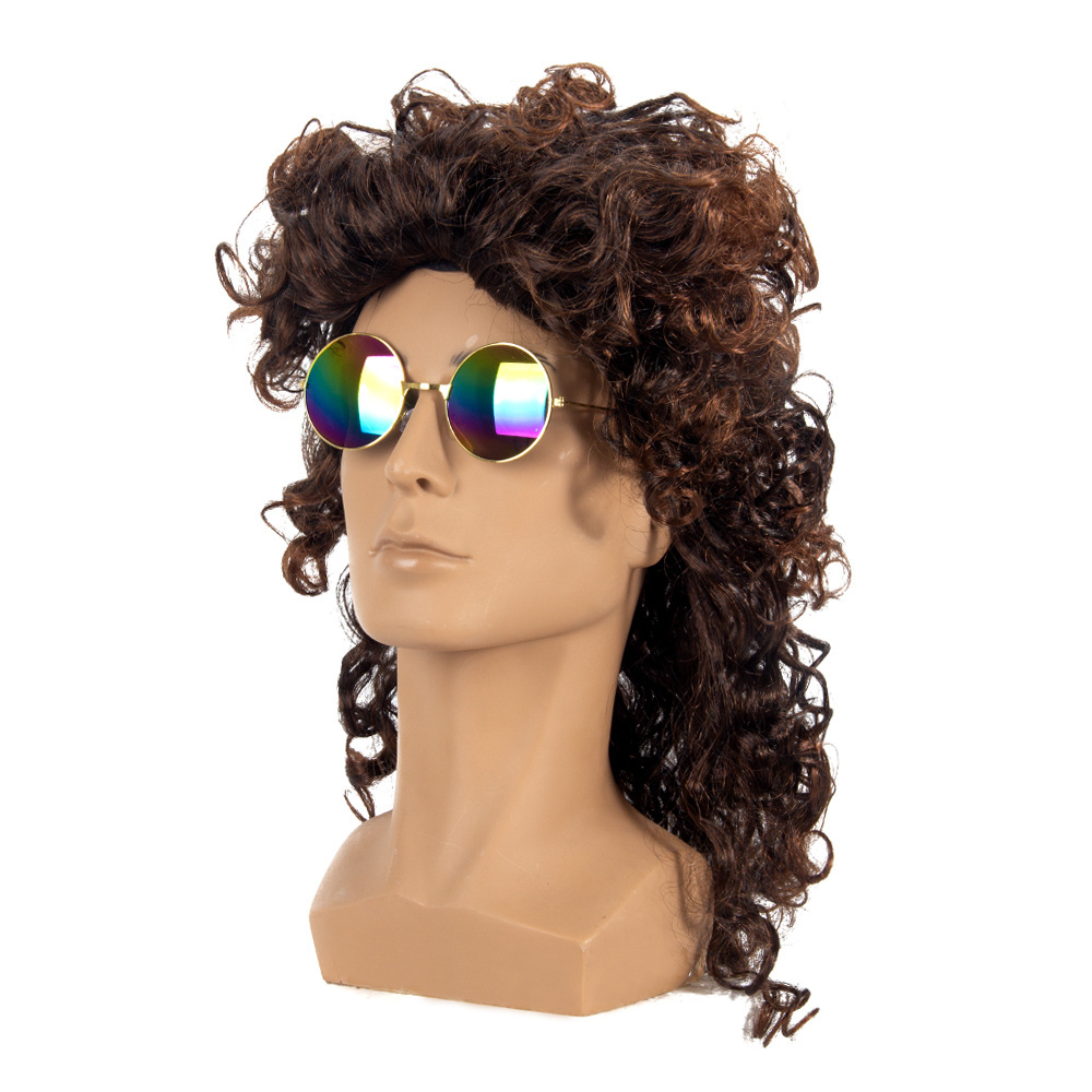 2023 Mens 80S Long Curly Black Rocker Costume Wig Punk Heavy Metal Mullet Wig