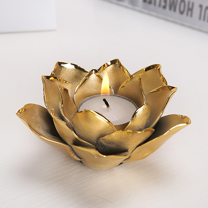 home tabletop decorative luxury lotus flower gold ceramic tea light candle holders