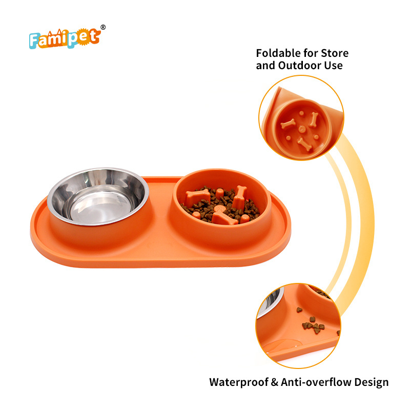 Famipet Custom Stainless Steel Pet Bowl Slow Feeder Dog Food Bowl with Non-Skid Silicone Mat