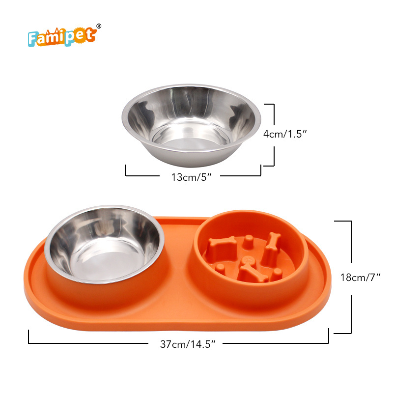 Famipet Custom Stainless Steel Pet Bowl Slow Feeder Dog Food Bowl with Non-Skid Silicone Mat