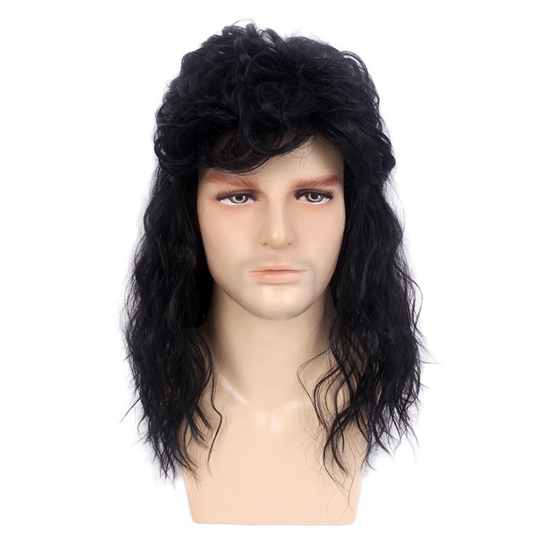 Retro 1960s Rock Stylish Men Wig Long Black Synthetic Mullet Wig Wholesale