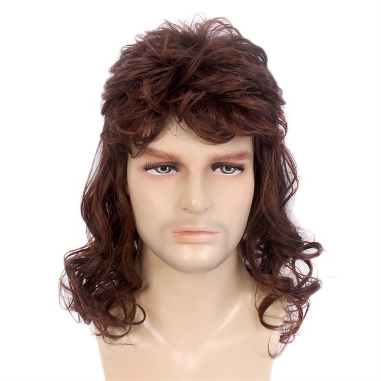 ST Factory Wholesale 18inch Punk Heavy Metal Rocker Wig Long Curly Brown Mullet Synthetic Wig for Men