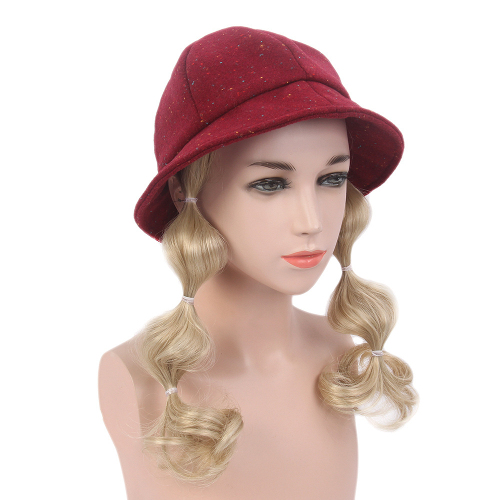 Kids Hat With Wig Girl Red Hat Blonde Short Braids Synthetic Hair Wig For Kids