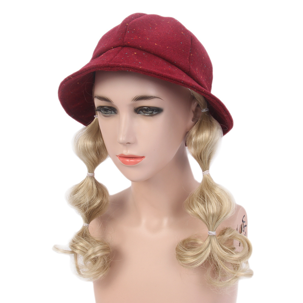 Kids Hat With Wig Girl Red Hat Blonde Short Braids Synthetic Hair Wig For Kids