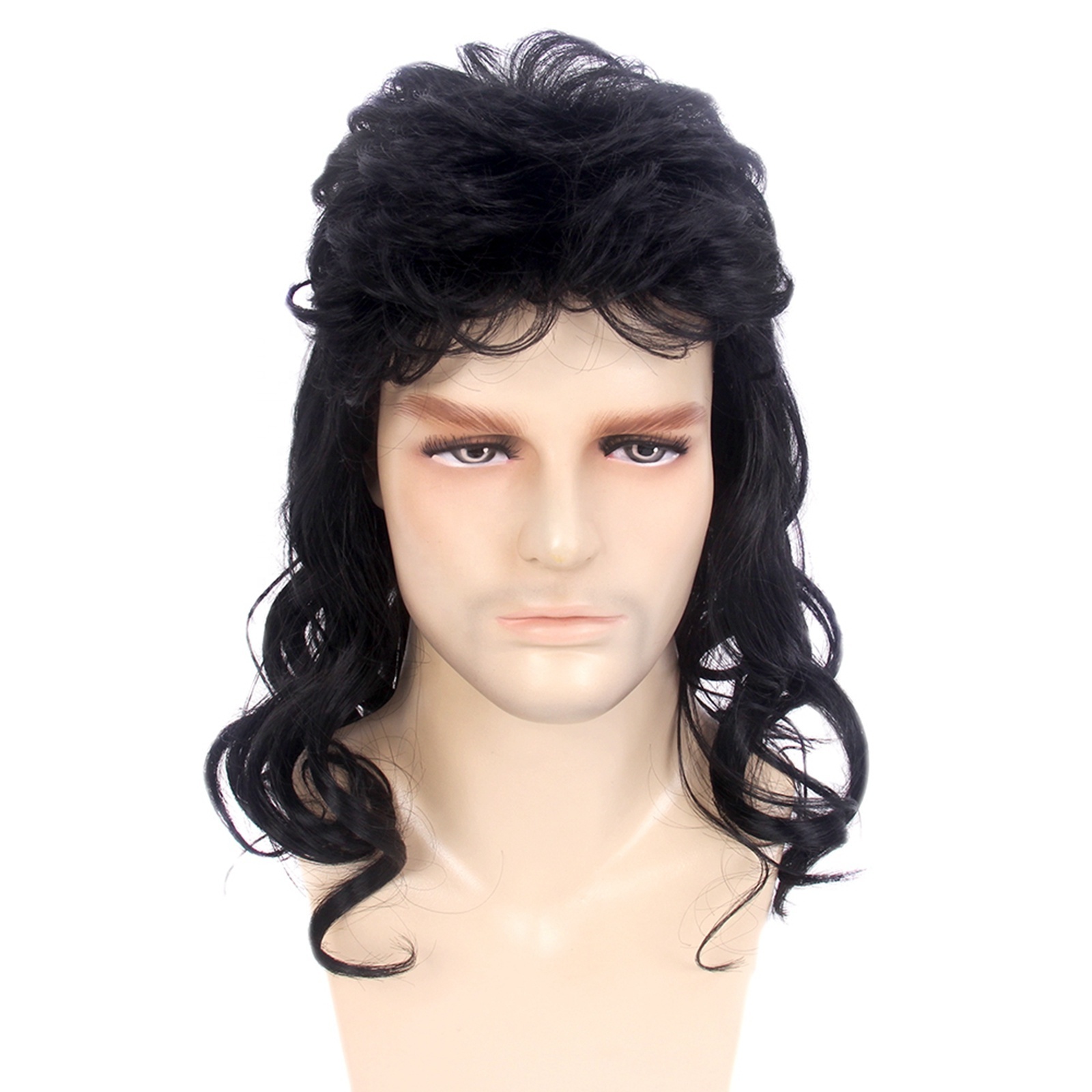 ST Wholesale Men Wigs 80s Mullet Wig Black Curly Cosplay Punk Rocker Wig Long