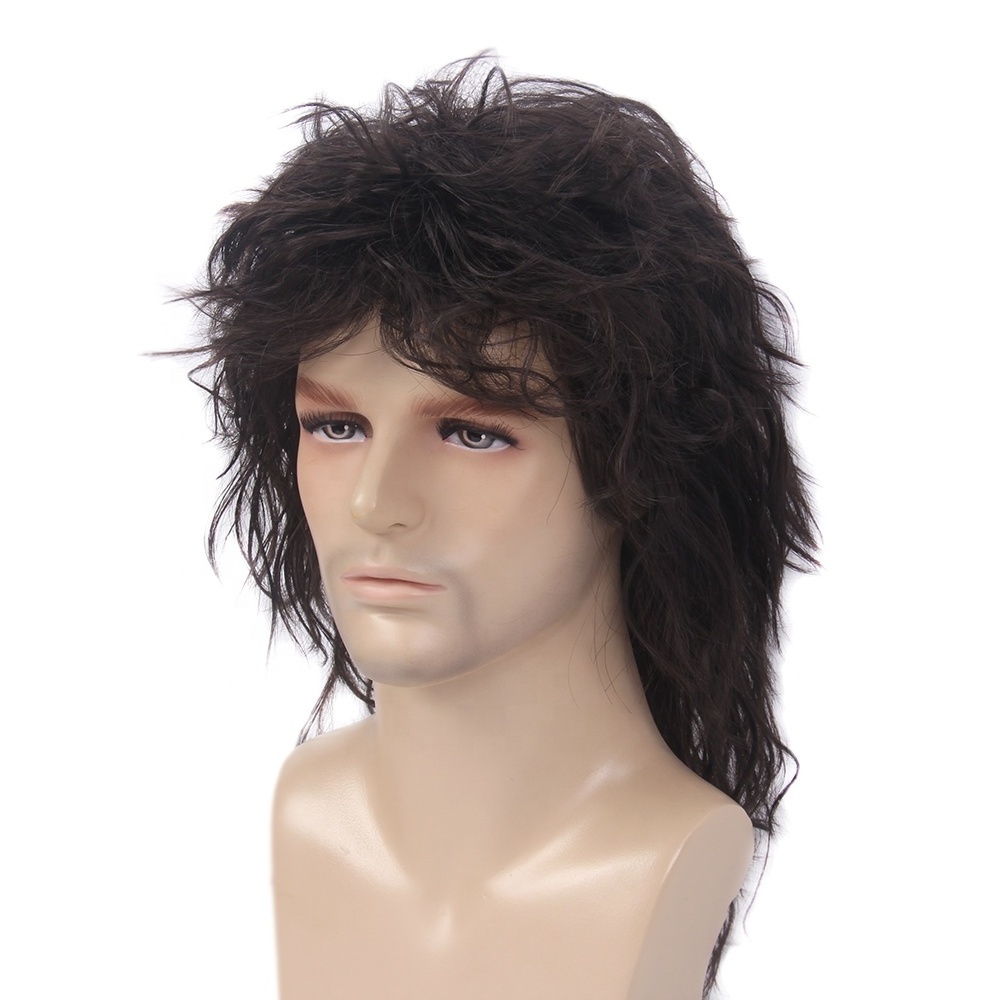 STfantasy 1980s Men's Mullet Cosplay Party Wig Mens Long Black Wig Mid Length Synthetic Hair Wig For Male