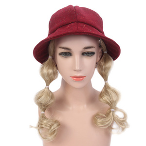 Kids Hat With Wig Girl Red Hat Blonde Short Braids Synthetic Hair Wig For Kids