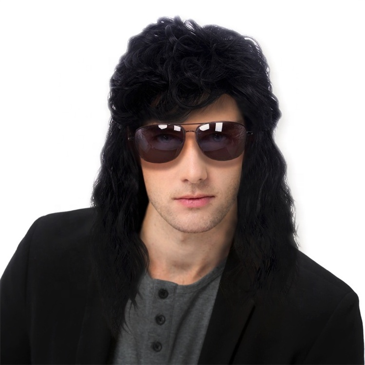 Retro 1960s Rock Stylish Men Wig Long Black Synthetic Mullet Wig Wholesale