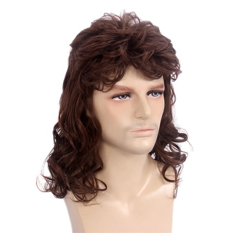 ST Factory Wholesale 18inch Punk Heavy Metal Rocker Wig Long Curly Brown Mullet Synthetic Wig for Men