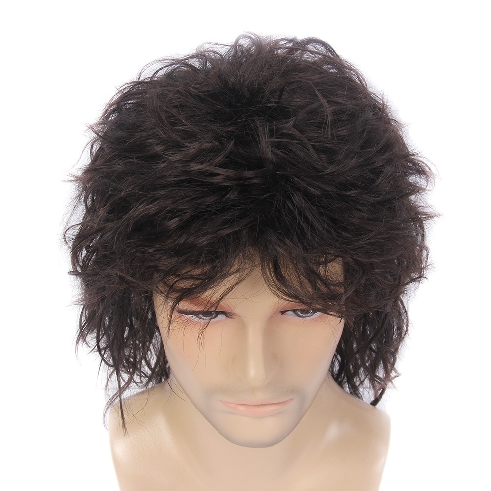 STfantasy 1980s Men's Mullet Cosplay Party Wig Mens Long Black Wig Mid Length Synthetic Hair Wig For Male