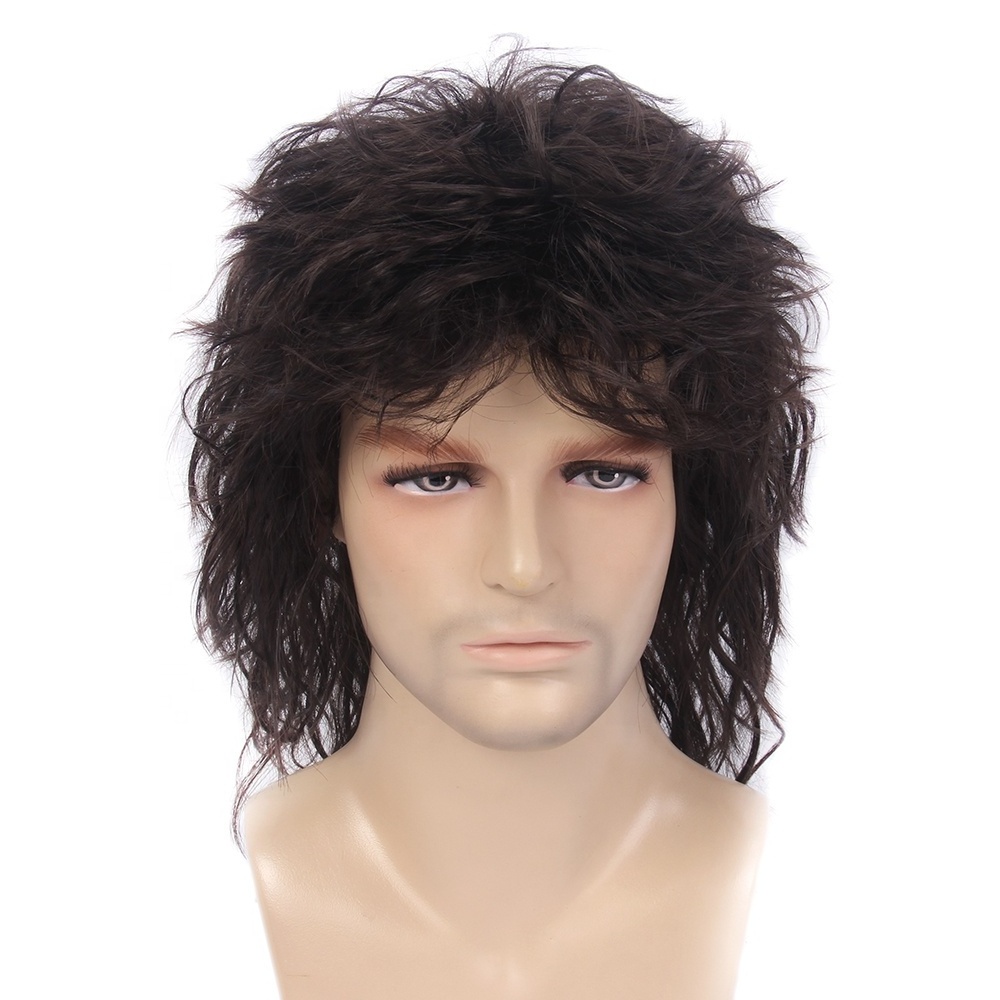 STfantasy 1980s Men's Mullet Cosplay Party Wig Mens Long Black Wig Mid Length Synthetic Hair Wig For Male