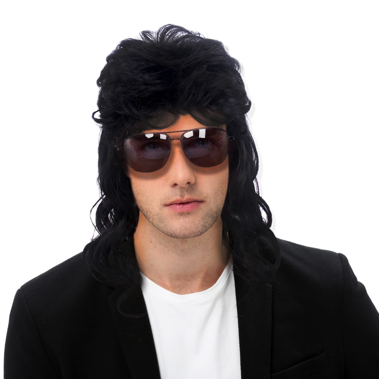 ST Wholesale Men Wigs 80s Mullet Wig Black Curly Cosplay Punk Rocker Wig Long