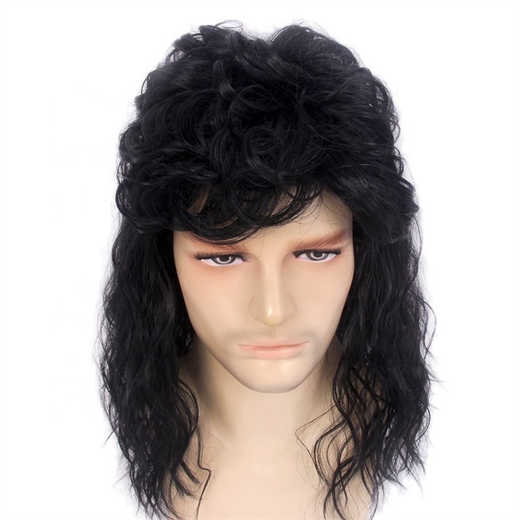 Retro 1960s Rock Stylish Men Wig Long Black Synthetic Mullet Wig Wholesale