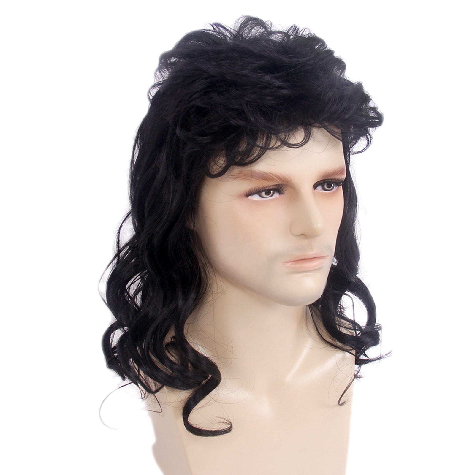 ST Wholesale Men Wigs 80s Mullet Wig Black Curly Cosplay Punk Rocker Wig Long