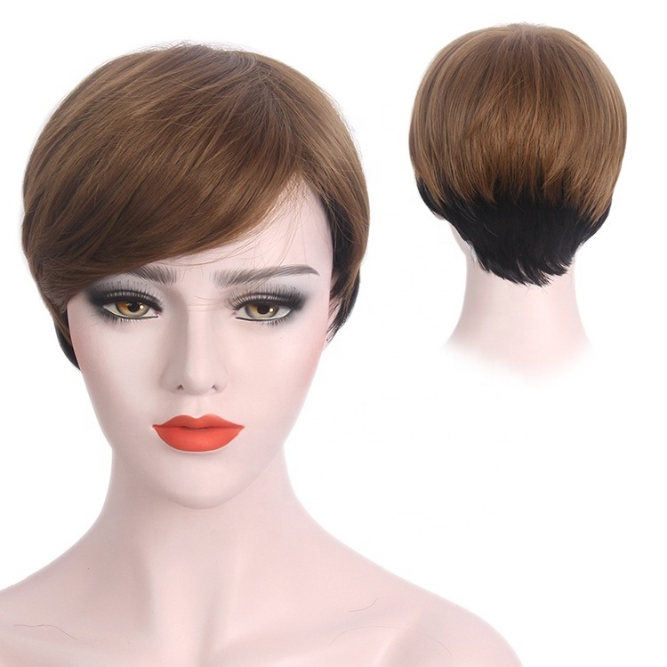 Hot Sale Short Pixe Cut Wig Black Brown Two Tone Color Pixie Wigs for Black Women With Synthetic Fiber