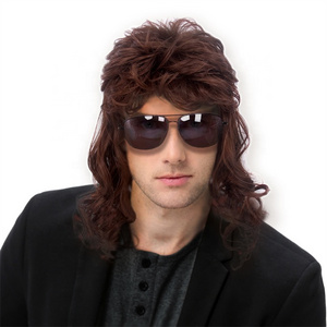 ST Factory Wholesale 18inch Punk Heavy Metal Rocker Wig Long Curly Brown Mullet Synthetic Wig for Men