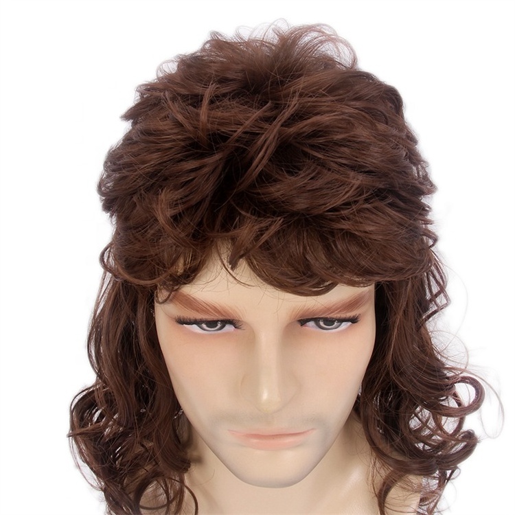 ST Factory Wholesale 18inch Punk Heavy Metal Rocker Wig Long Curly Brown Mullet Synthetic Wig for Men