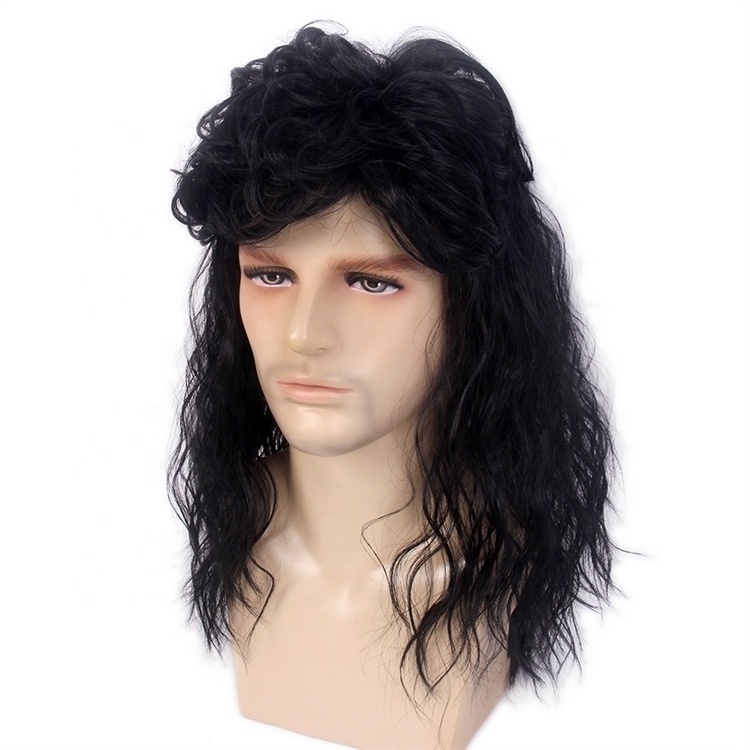 Retro 1960s Rock Stylish Men Wig Long Black Synthetic Mullet Wig Wholesale