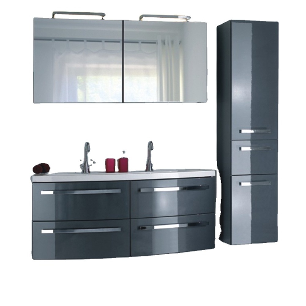 Germany Style Glossy Gray MDF Vanity Cabinet Double Resin Basin Sink Vanity Curved Modern Bathroom Cabinet