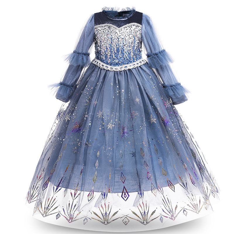 Fall Winter Elsa Sequins Mesh Girls Princess Long Sleeve Wedding Party Birthday Costume Dress