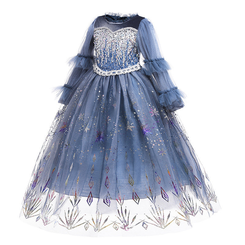 Fall Winter Elsa Sequins Mesh Girls Princess Long Sleeve Wedding Party Birthday Costume Dress