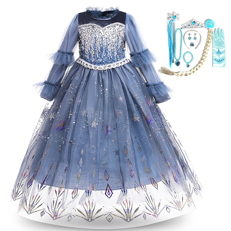 Fall Winter Elsa Sequins Mesh Girls Princess Long Sleeve Wedding Party Birthday Costume Dress