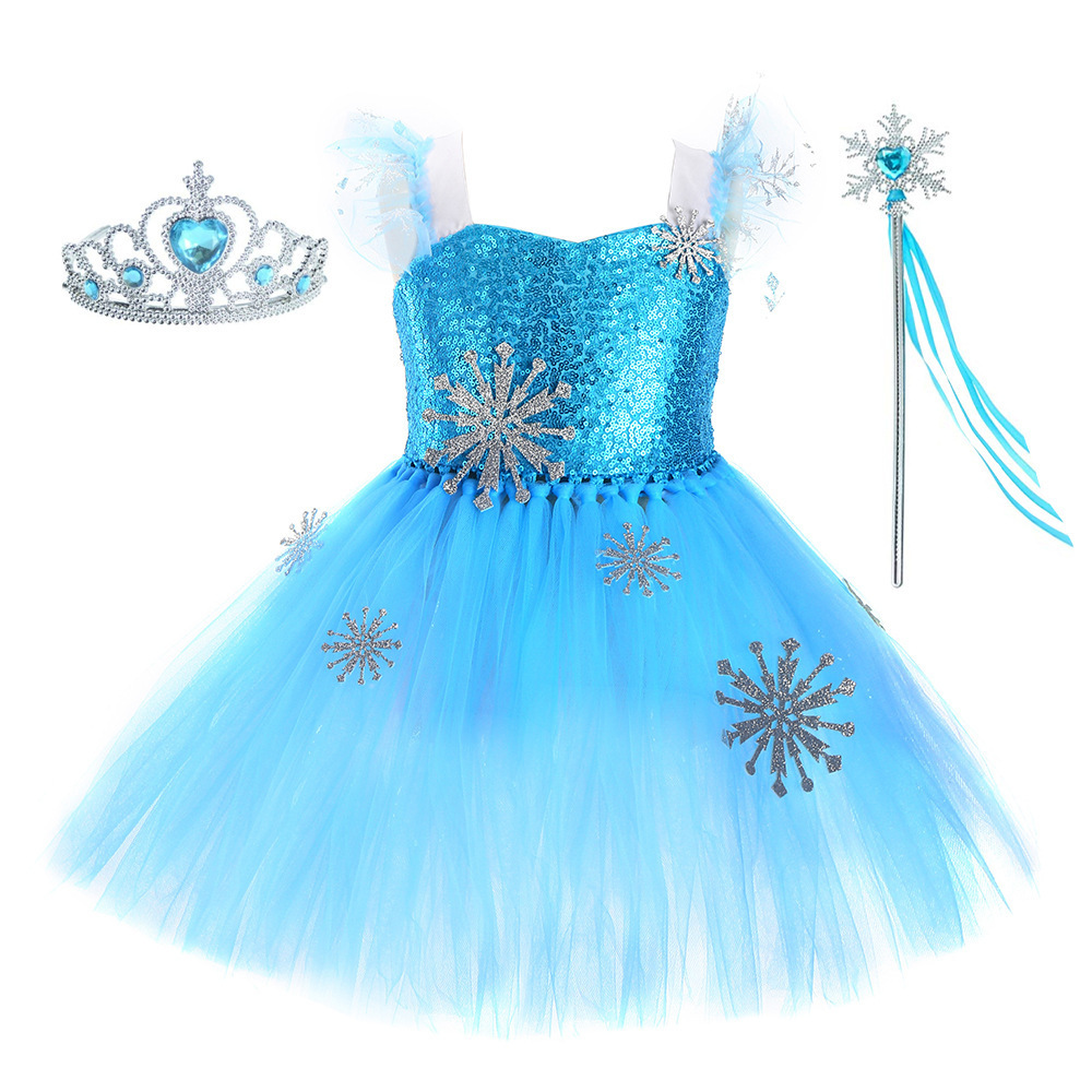 Ice Queen 1-8 Years Elsa Dresses for Girls Princess Dresses Kids Party Sets Elsa Costume With Crown& Wand