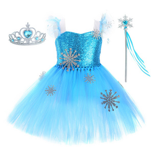 Ice Queen 1-8 Years Elsa Dresses for Girls Princess Dresses Kids Party Sets Elsa Costume With Crown& Wand