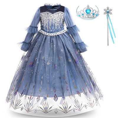 Fall Winter Elsa Sequins Mesh Girls Princess Long Sleeve Wedding Party Birthday Costume Dress