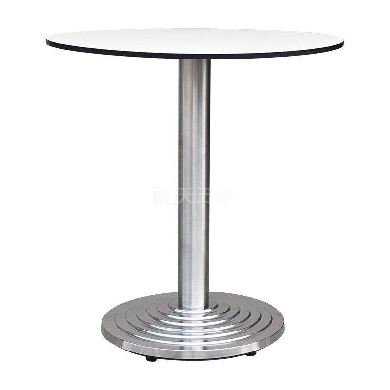 Unique design round banquet coffee shop cheap dining table with HPL top Stainless steel step base