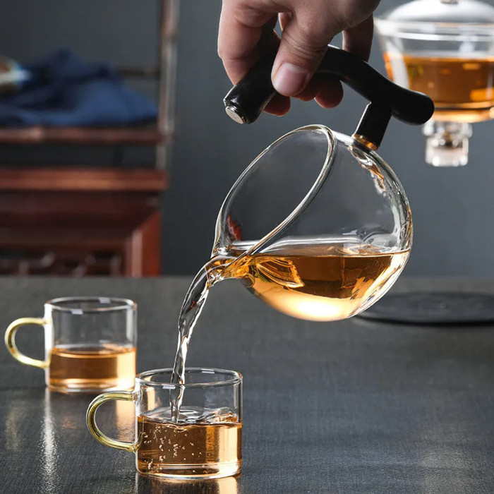 Tea Set Magnetic Rotating Kungfu Heat-resistant Teapot Suit with Strainer Wholesale Automatic Lazy Glass Carton Transparent