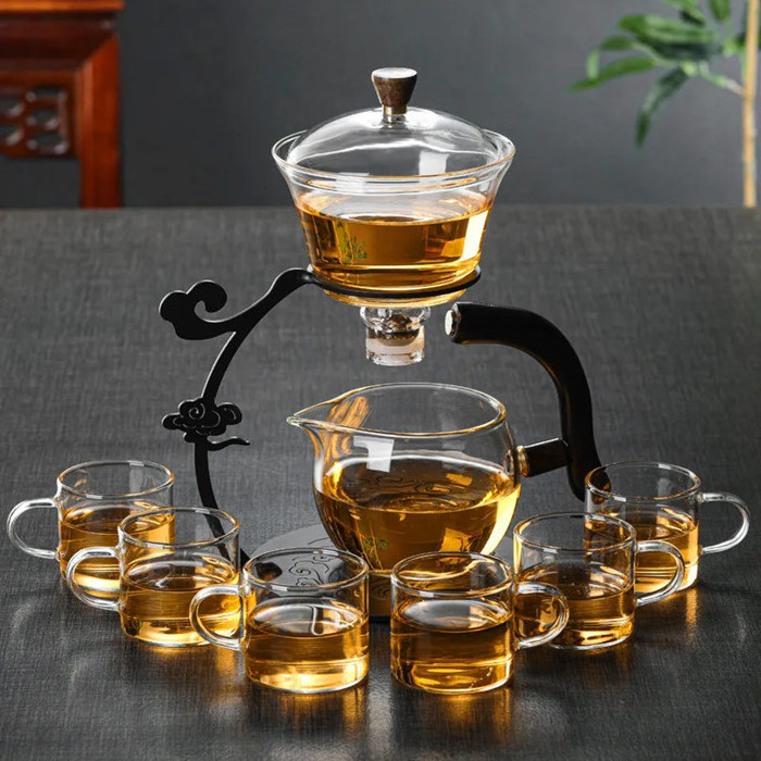 Tea Set Magnetic Rotating Kungfu Heat-resistant Teapot Suit with Strainer Wholesale Automatic Lazy Glass Carton Transparent