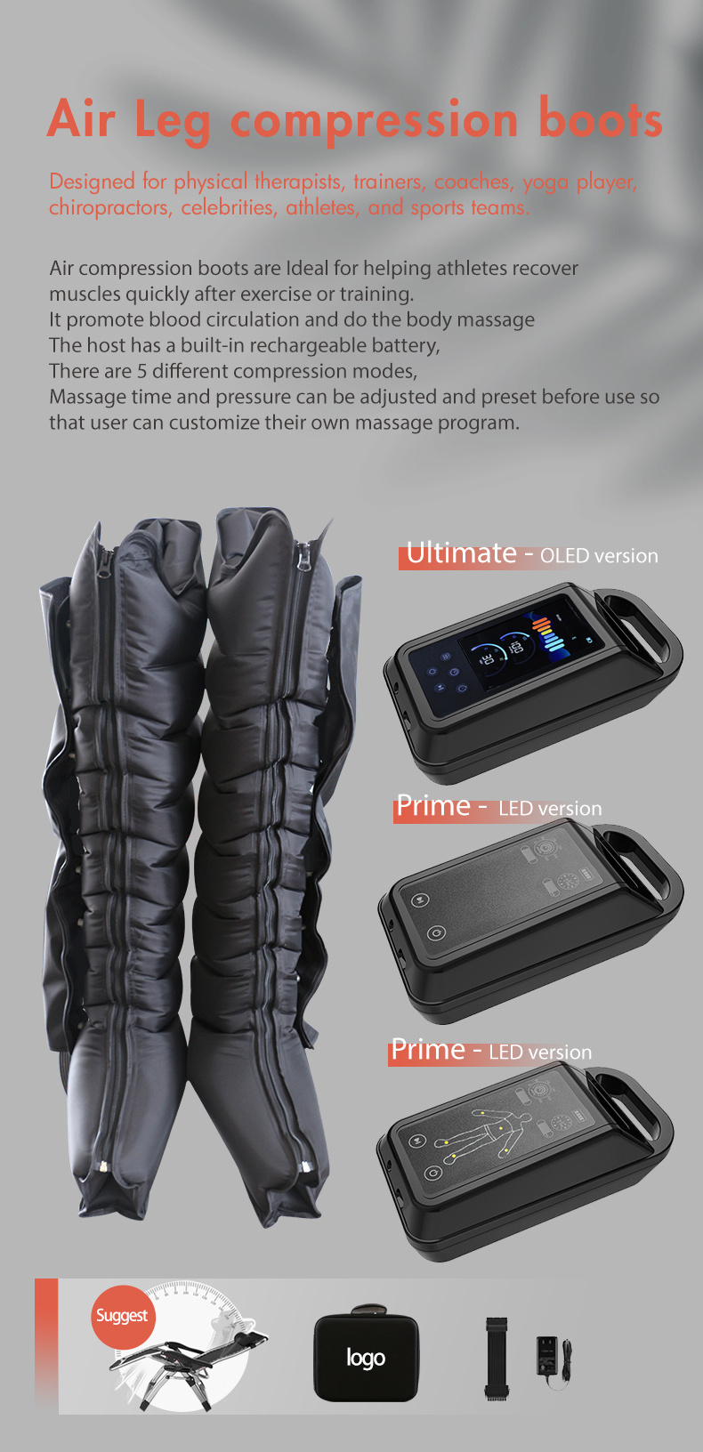 Leg and foot massager boot air compression pressure recovery system therapy leg compression recovery boots