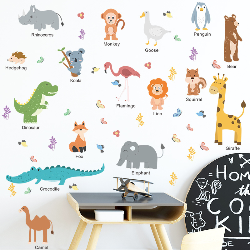 Cartoon Animal Combination English Slogan Wall Decals for Background Wall Decoration of Children Room and Nursery Room