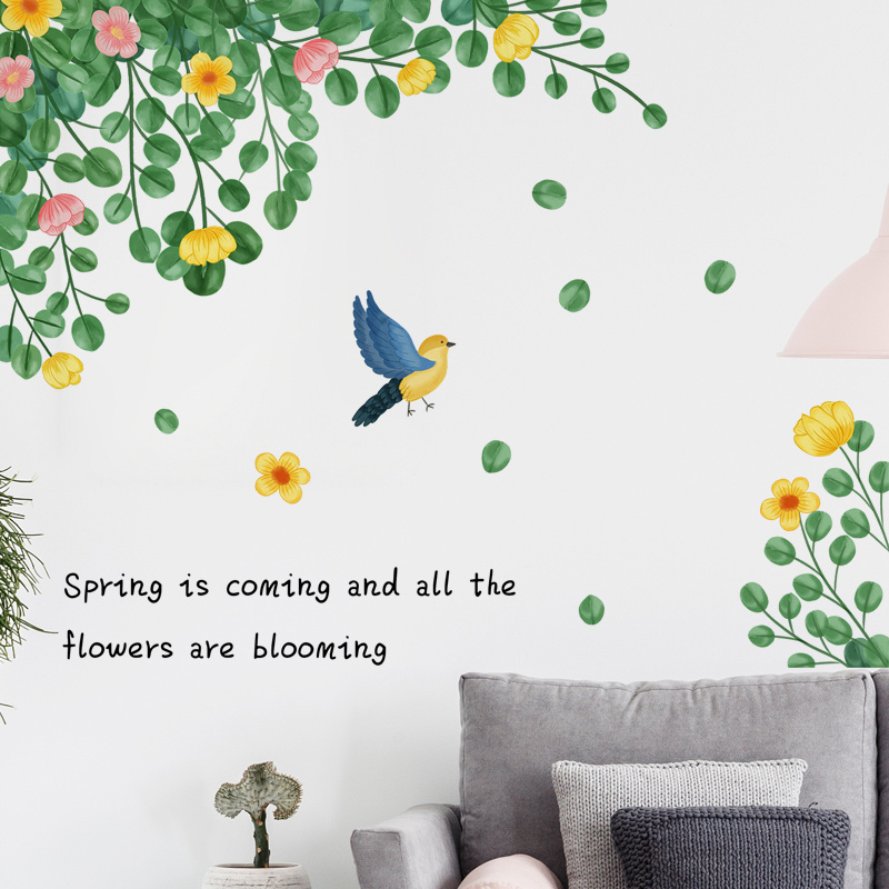 symbolize spring green leafy birds and blooming flowers  stickers in the living room home bedroom background and wall decals