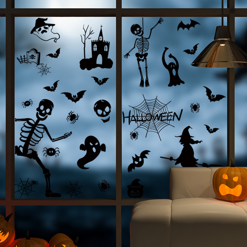 Halloween Terrifying Atmosphere Decoration Black Spider Ghost  Witch Decoration Wall Sticker Glass Sticker