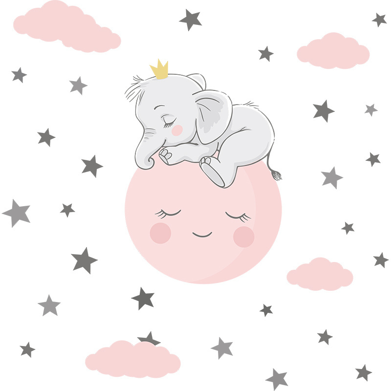 Pink Moon Clouds and Star Wall Stickers Cartoon Animal Elephant Decorations Children's Room Nursery Decals