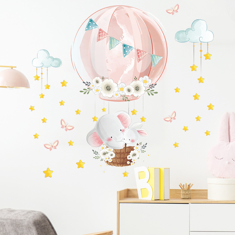 Pink hot air balloon Elephant rabbit Wall Stickers, Moon Stars Wall Decals for Nursery Kids Room Living Room Bedroom Decorations