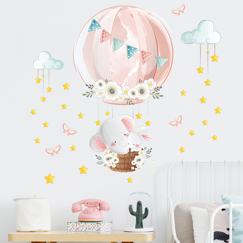 Pink hot air balloon Elephant rabbit Wall Stickers, Moon Stars Wall Decals for Nursery Kids Room Living Room Bedroom Decorations