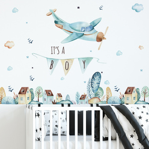 Blue aircraft wall stickers Baby's room Kindergarten nursery cartoon wall decor Forest and house skirting wall sticker