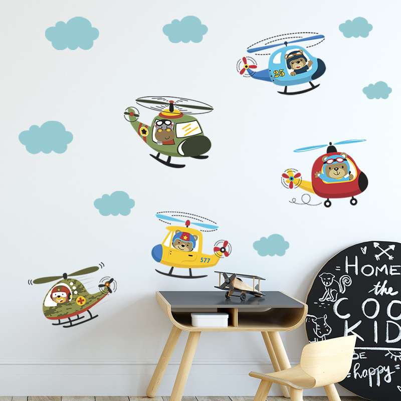 wall stickers of Little Bear flying an airplane Baby's room Kindergarten nursery wall decor cartoon animal wall decal