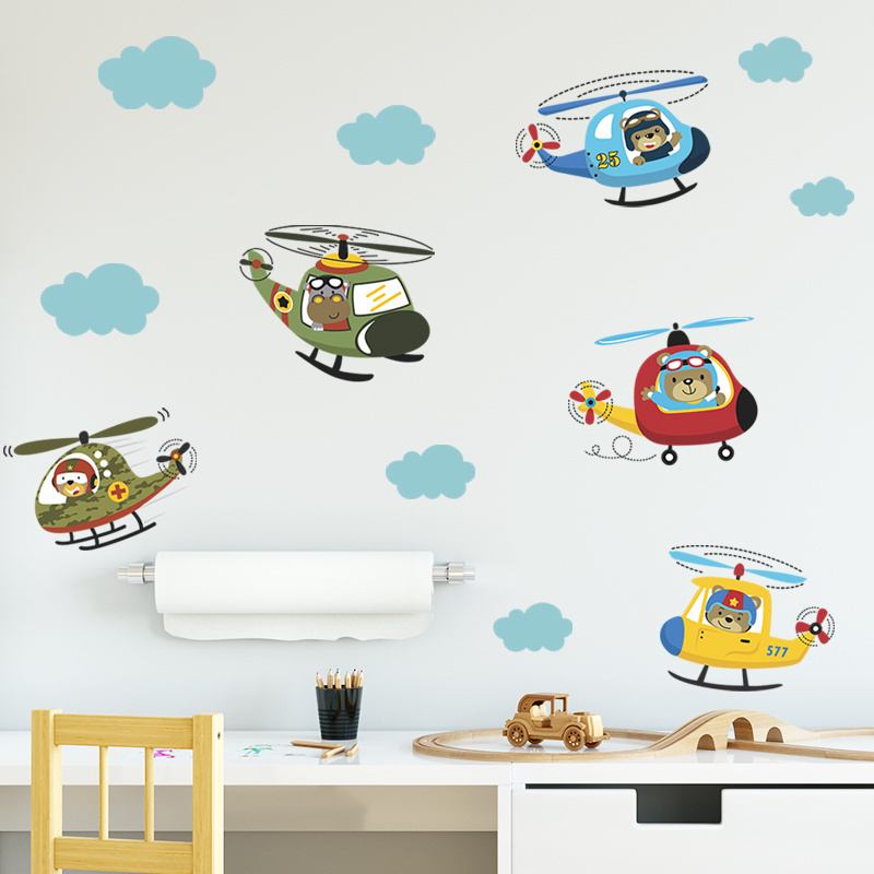 wall stickers of Little Bear flying an airplane Baby's room Kindergarten nursery wall decor cartoon animal wall decal