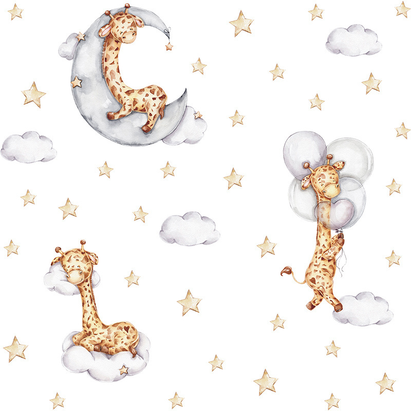 Moon Clouds Starry Sky Giraffes wall stickers Baby's Room Cartoon wall decal Kindergarten Nursery Wardrobe Refrigerator decor