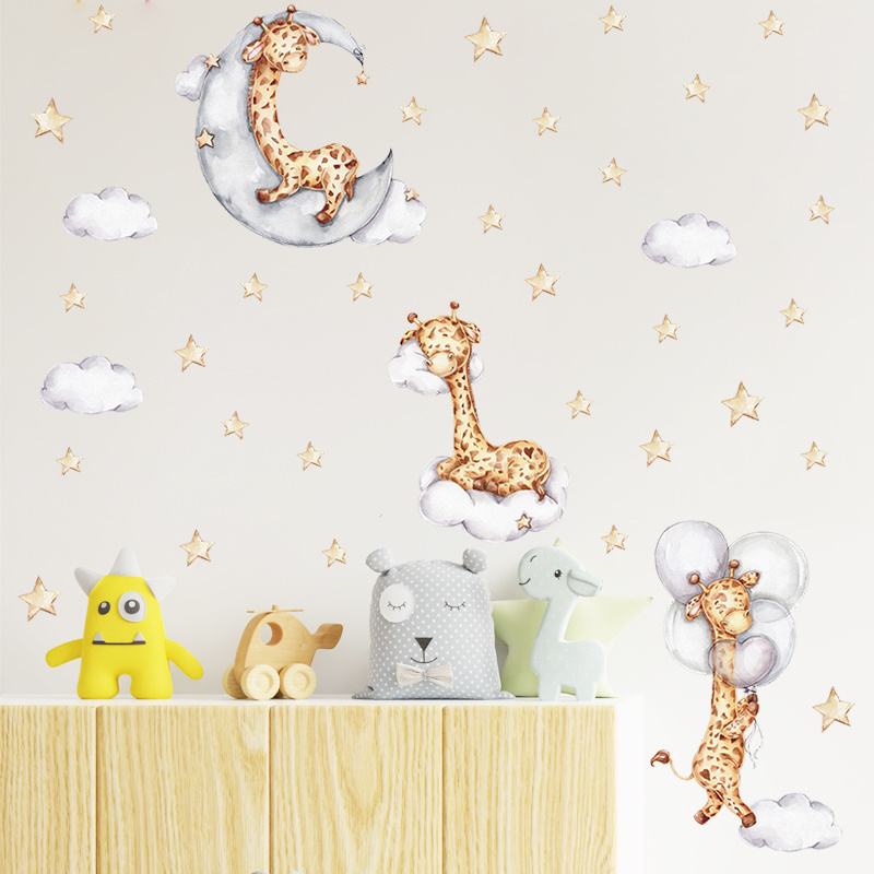 Moon Clouds Starry Sky Giraffes wall stickers Baby's Room Cartoon wall decal Kindergarten Nursery Wardrobe Refrigerator decor