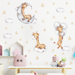 Moon Clouds Starry Sky Giraffes wall stickers Baby's Room Cartoon wall decal Kindergarten Nursery Wardrobe Refrigerator decor