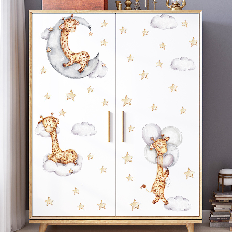 Moon Clouds Starry Sky Giraffes wall stickers Baby's Room Cartoon wall decal Kindergarten Nursery Wardrobe Refrigerator decor