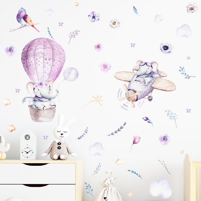 Purple hot air balloon flower wall stickers Baby's Room Nursery Wardrobe Home decal Cartoon stickers of elephants flying planes