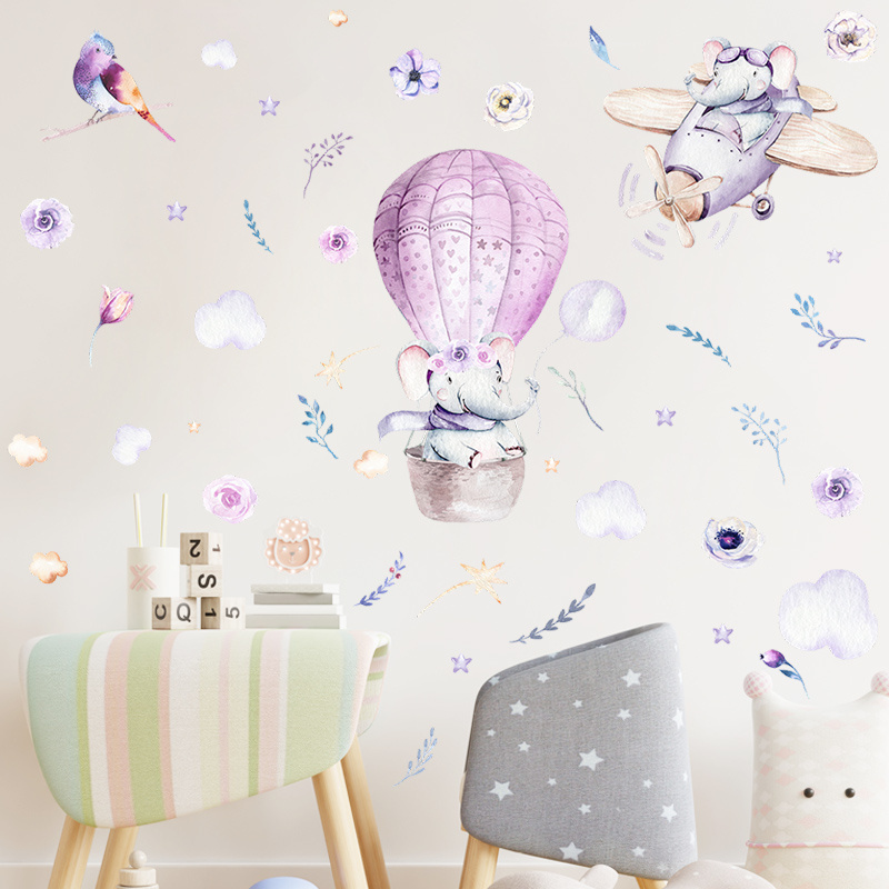 Purple hot air balloon flower wall stickers Baby's Room Nursery Wardrobe Home decal Cartoon stickers of elephants flying planes