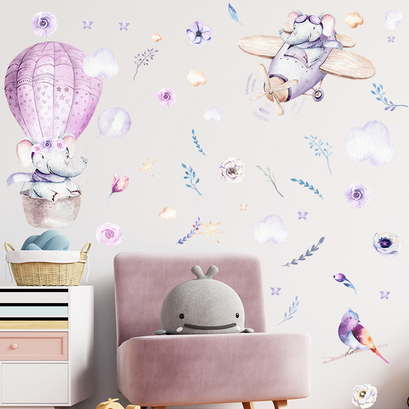 Purple hot air balloon flower wall stickers Baby's Room Nursery Wardrobe Home decal Cartoon stickers of elephants flying planes