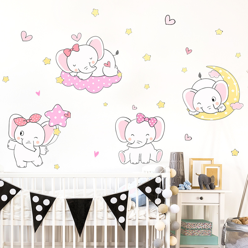 Wall stickers of a baby elephant with a pink polka dot bow Children's Room Nursery wardrobe Decal Cartoon animals wall stickers